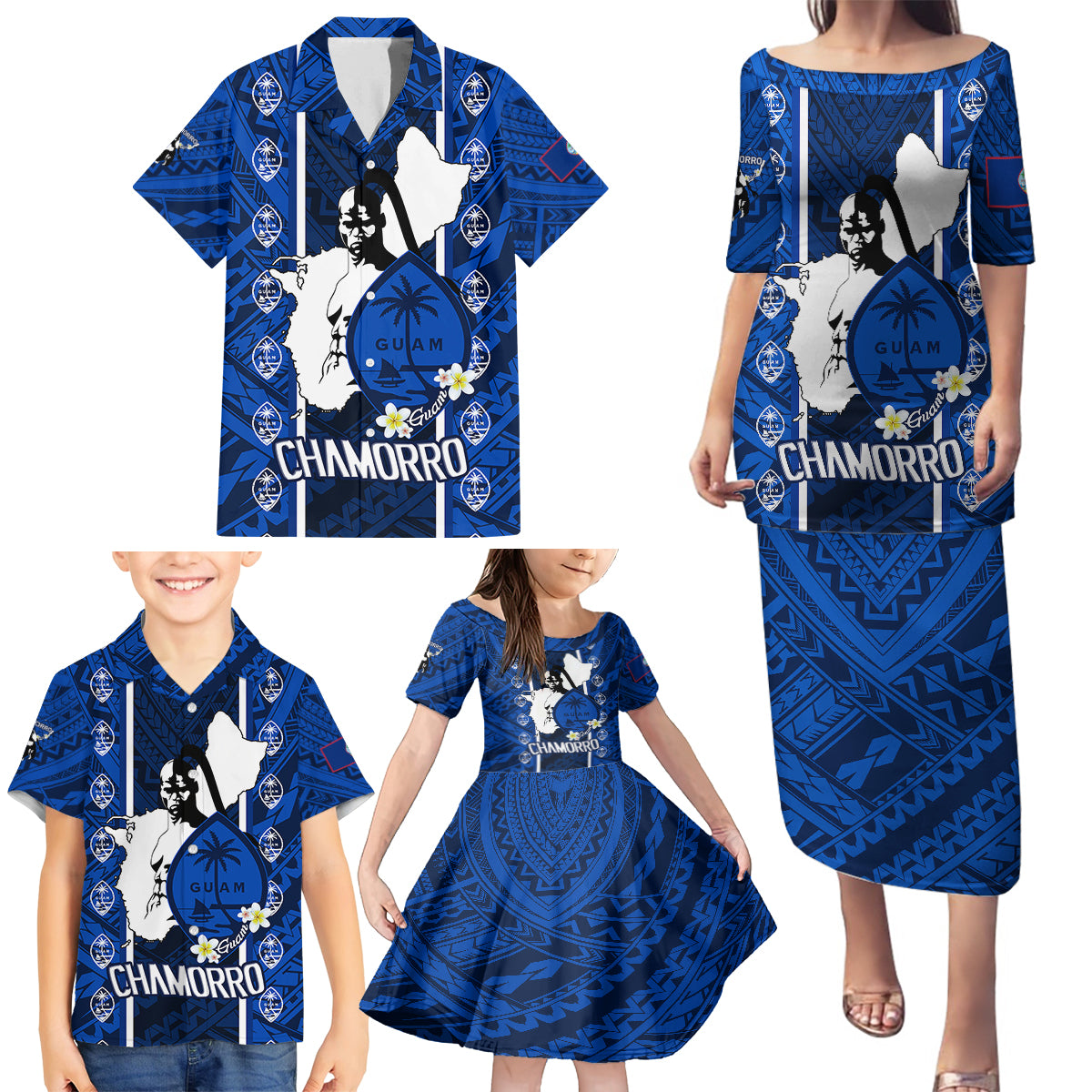Guam Chamorro Warrior Family Matching Puletasi Dress and Hawaiian Shirt Traditional Tribal Patterns - Wonder Print Shop