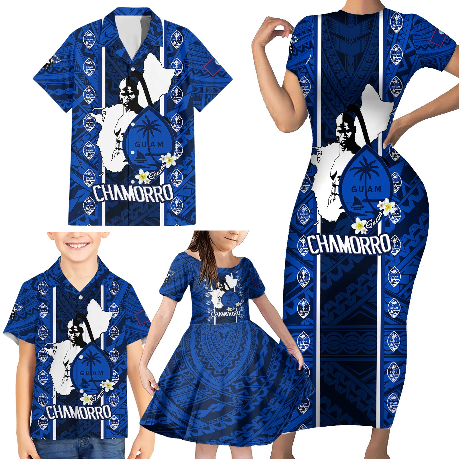 Guam Chamorro Warrior Family Matching Short Sleeve Bodycon Dress and Hawaiian Shirt Traditional Tribal Patterns - Wonder Print Shop