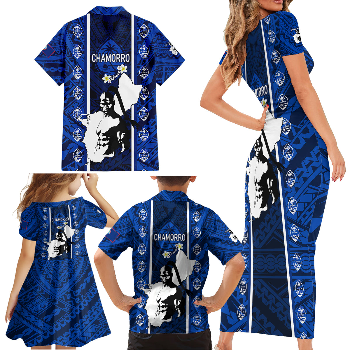 Guam Chamorro Warrior Family Matching Short Sleeve Bodycon Dress and Hawaiian Shirt Traditional Tribal Patterns - Wonder Print Shop