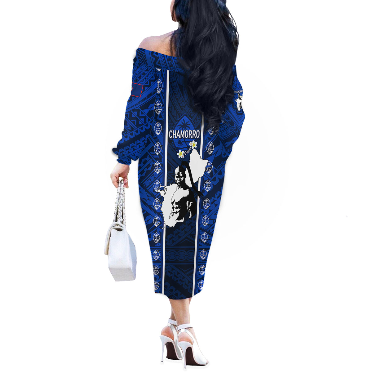 Guam Chamorro Warrior Off The Shoulder Long Sleeve Dress Traditional Tribal Patterns - Wonder Print Shop