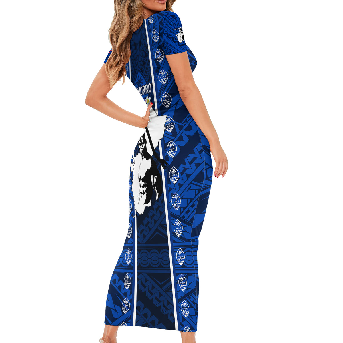 Guam Chamorro Warrior Short Sleeve Bodycon Dress Traditional Tribal Patterns - Wonder Print Shop