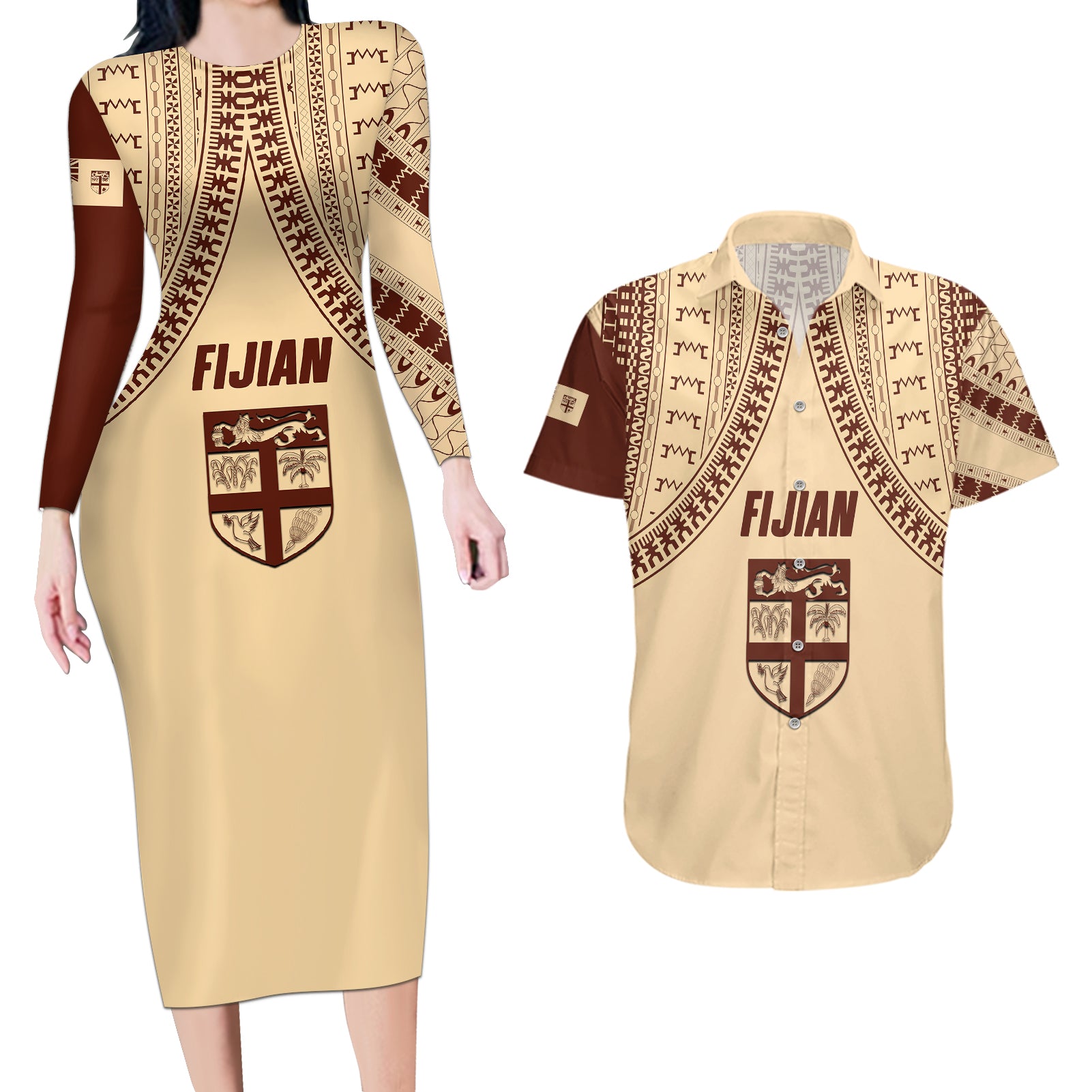 Fiji Bula Couples Matching Long Sleeve Bodycon Dress and Hawaiian Shirt Tapa Pattern Design - Wonder Print Shop