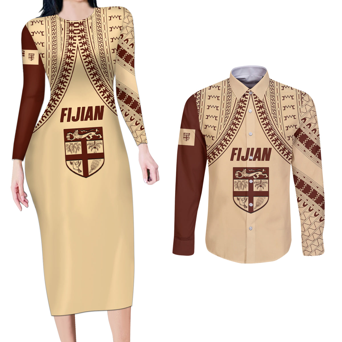 Fiji Bula Couples Matching Long Sleeve Bodycon Dress and Long Sleeve Button Shirts Tapa Pattern Design - Wonder Print Shop