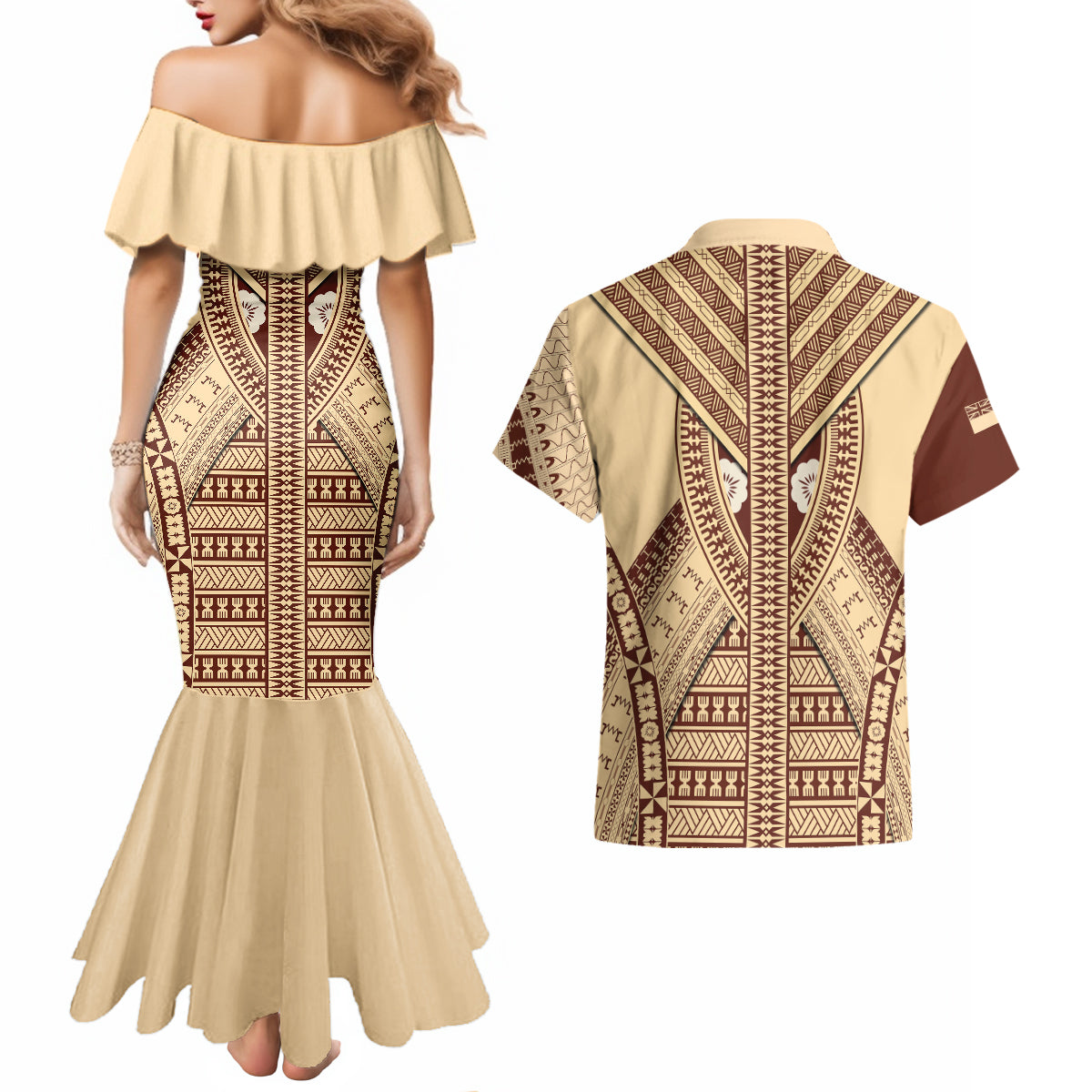 Fiji Bula Couples Matching Mermaid Dress and Hawaiian Shirt Tapa Pattern Design - Wonder Print Shop