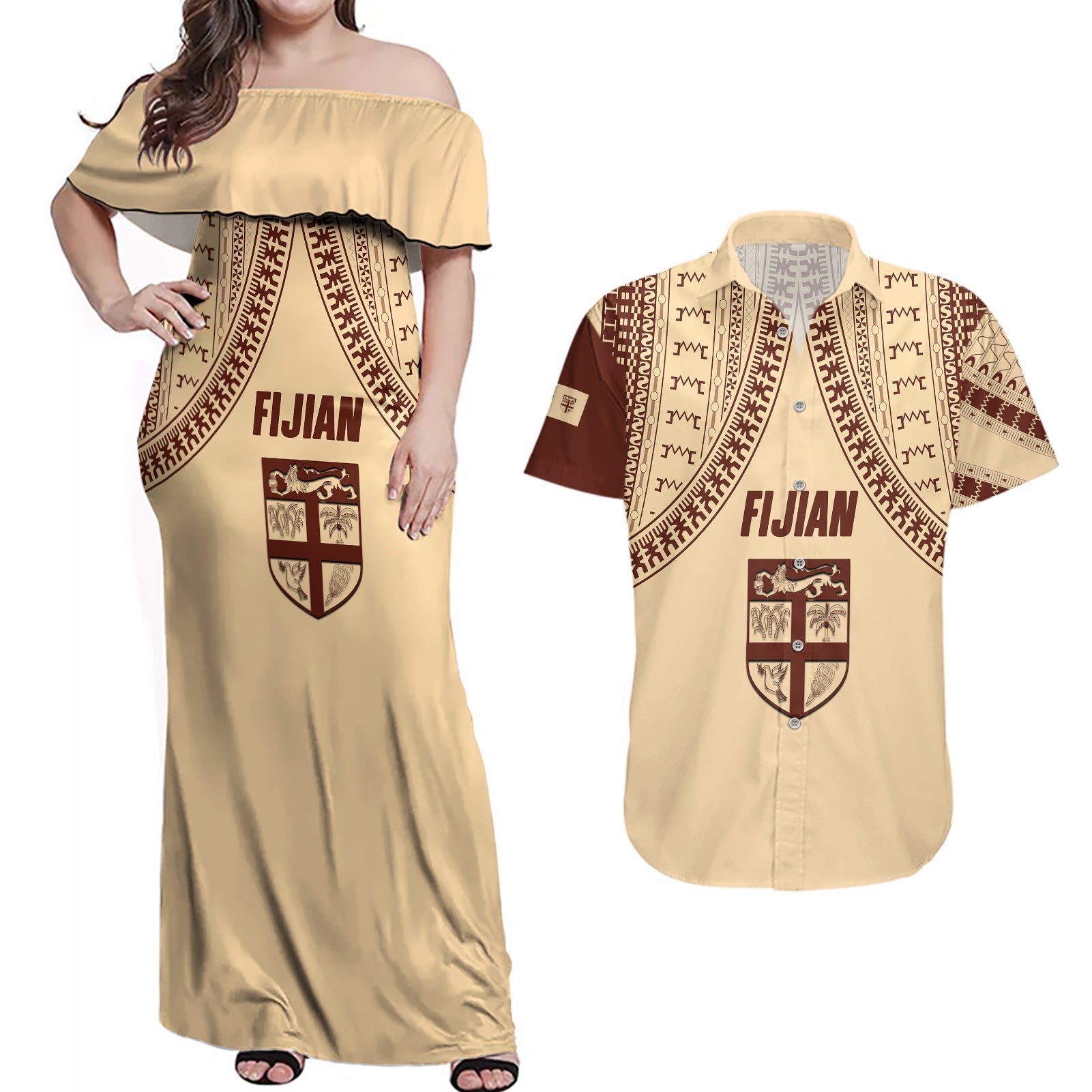 Fiji Bula Couples Matching Off Shoulder Maxi Dress and Hawaiian Shirt Tapa Pattern Design - Wonder Print Shop