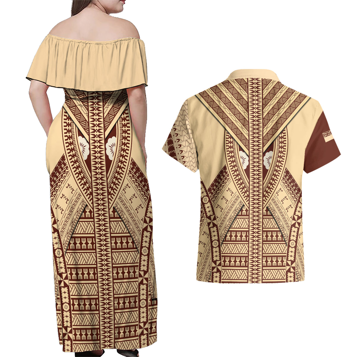 Fiji Bula Couples Matching Off Shoulder Maxi Dress and Hawaiian Shirt Tapa Pattern Design - Wonder Print Shop