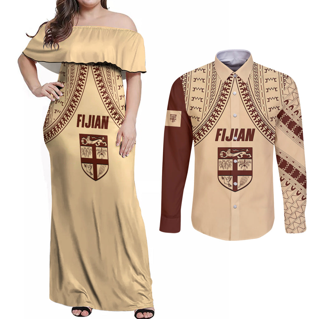 Fiji Bula Couples Matching Off Shoulder Maxi Dress and Long Sleeve Button Shirts Tapa Pattern Design - Wonder Print Shop