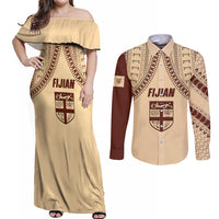 Fiji Bula Couples Matching Off Shoulder Maxi Dress and Long Sleeve Button Shirts Tapa Pattern Design - Wonder Print Shop