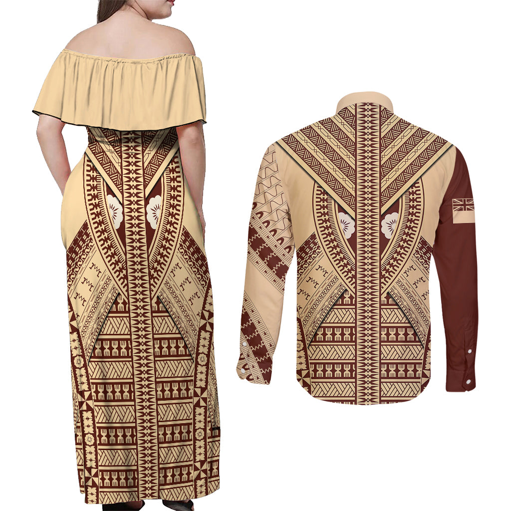 Fiji Bula Couples Matching Off Shoulder Maxi Dress and Long Sleeve Button Shirts Tapa Pattern Design - Wonder Print Shop