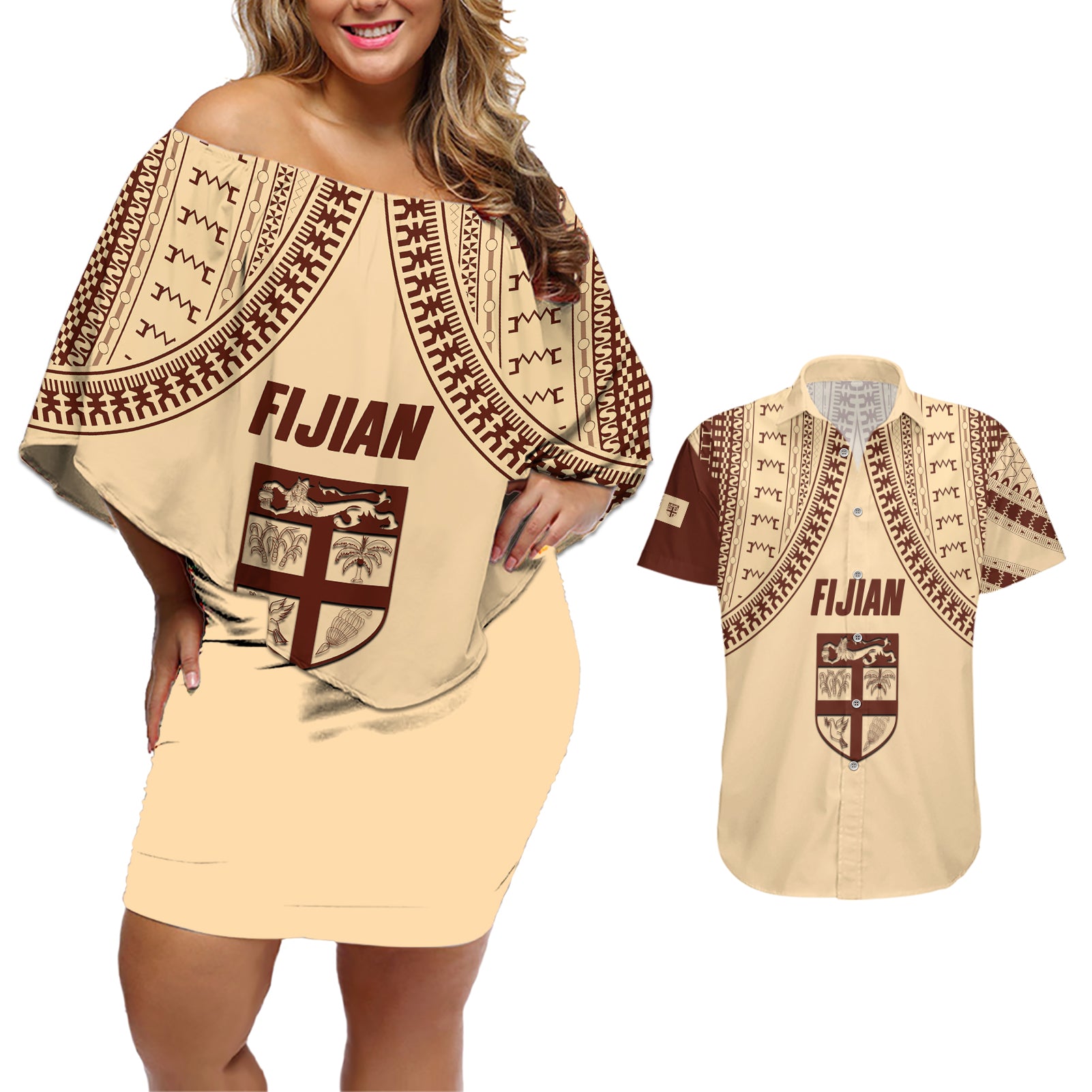 Fiji Bula Couples Matching Off Shoulder Short Dress and Hawaiian Shirt Tapa Pattern Design - Wonder Print Shop