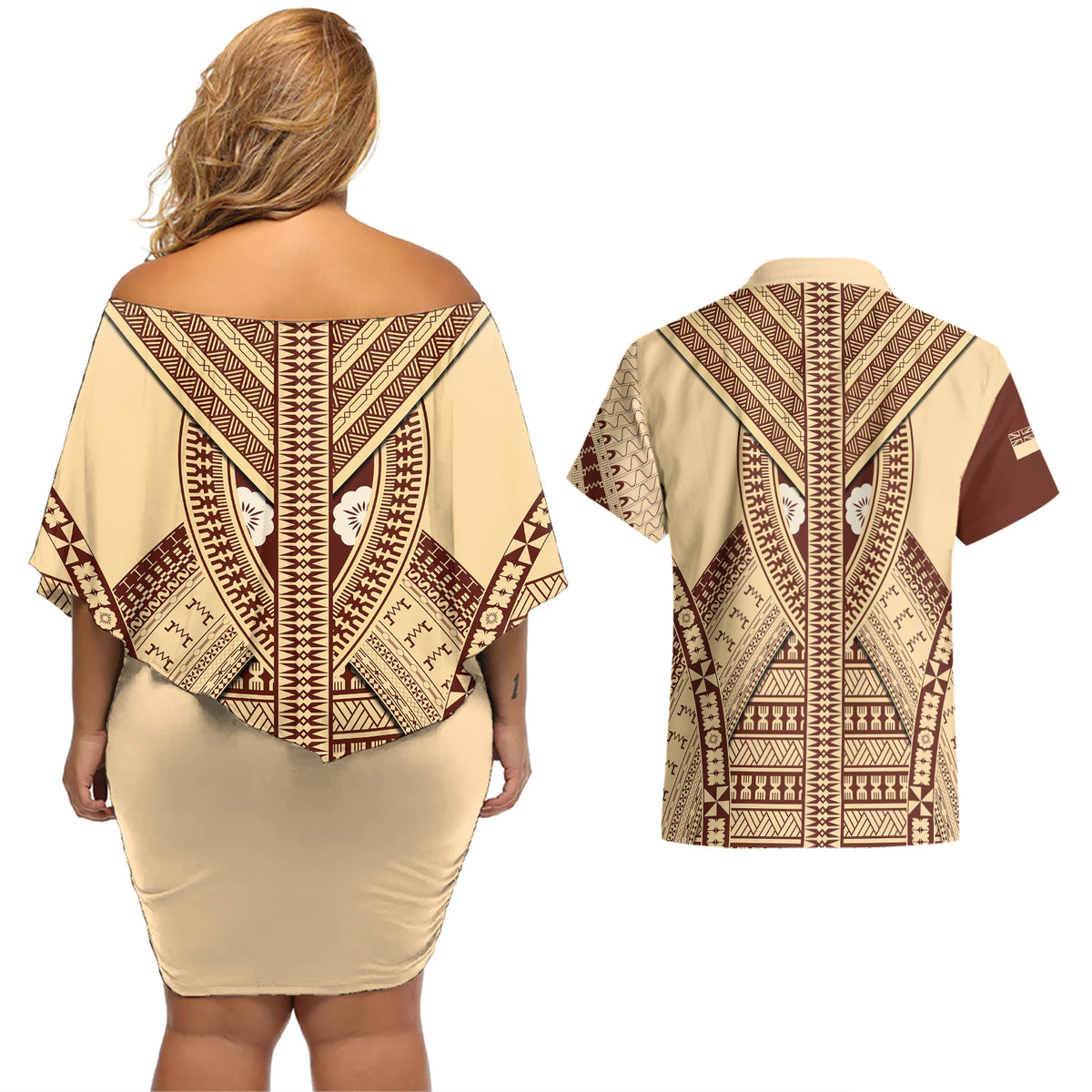 Fiji Bula Couples Matching Off Shoulder Short Dress and Hawaiian Shirt Tapa Pattern Design - Wonder Print Shop