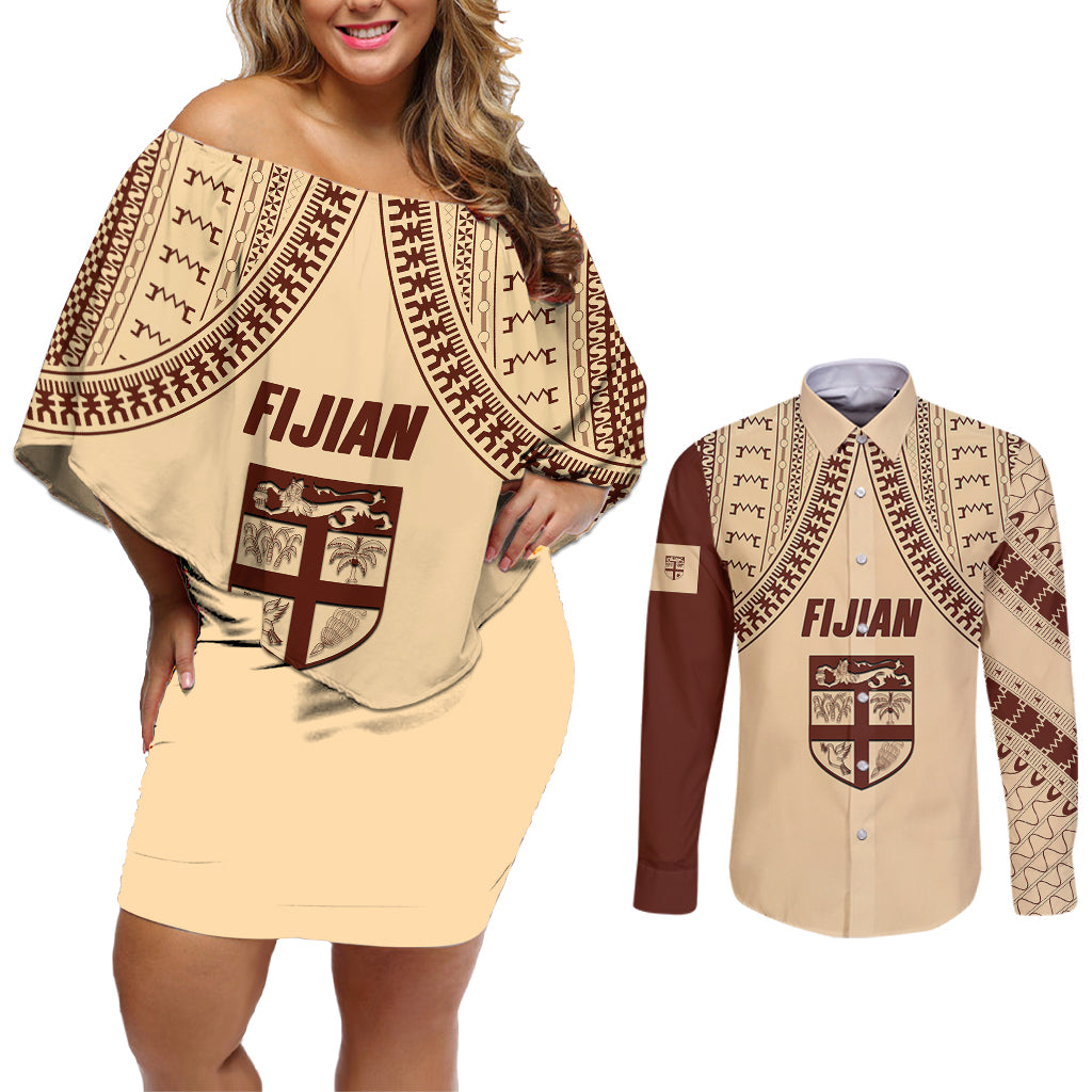 Fiji Bula Couples Matching Off Shoulder Short Dress and Long Sleeve Button Shirts Tapa Pattern Design - Wonder Print Shop