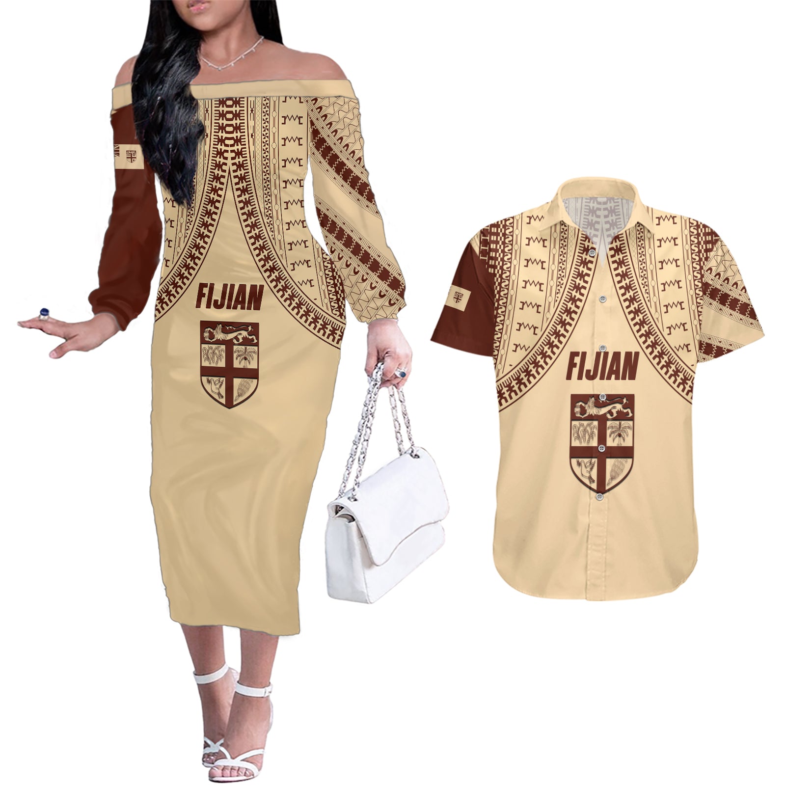Fiji Bula Couples Matching Off The Shoulder Long Sleeve Dress and Hawaiian Shirt Tapa Pattern Design - Wonder Print Shop