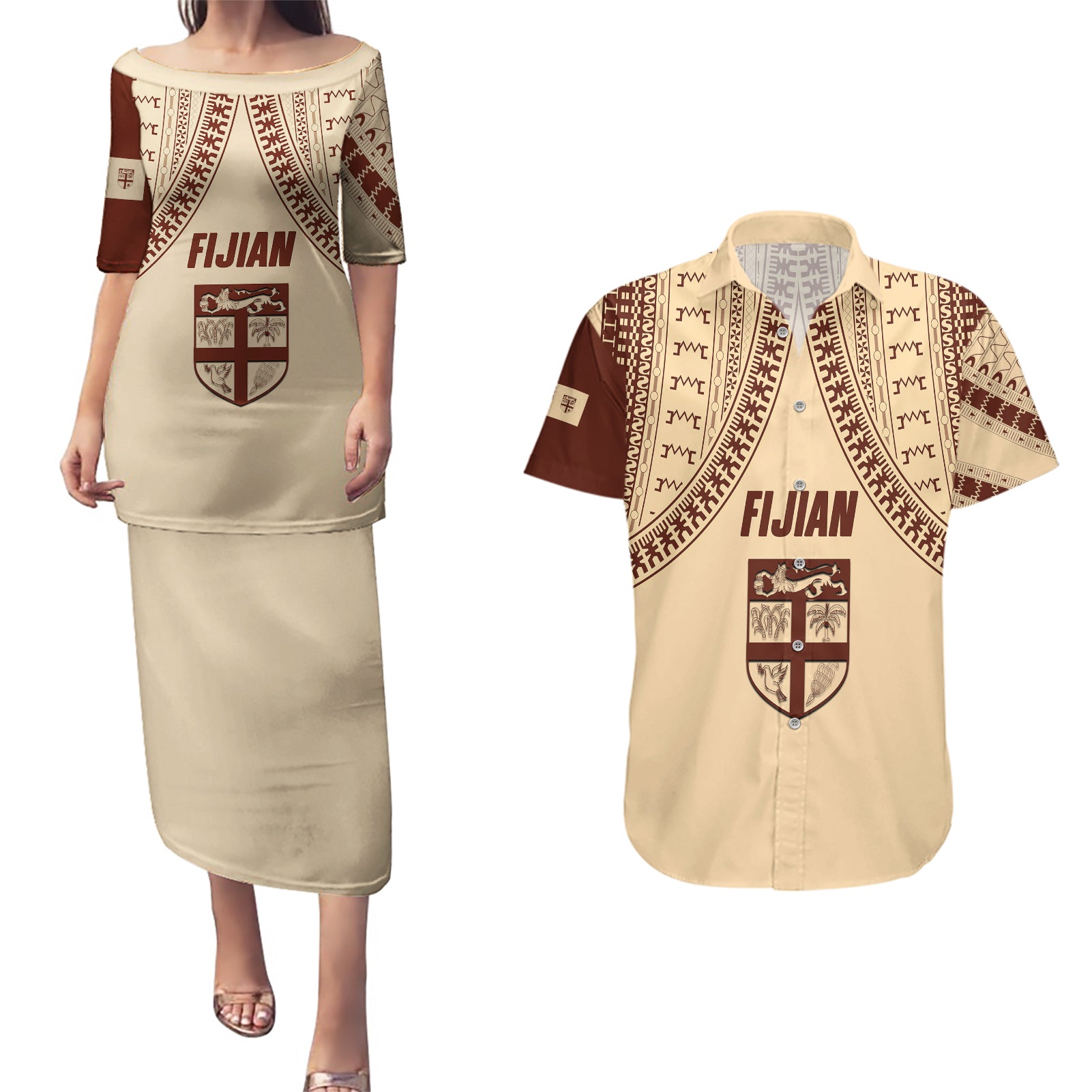 Fiji Bula Couples Matching Puletasi Dress and Hawaiian Shirt Tapa Pattern Design - Wonder Print Shop