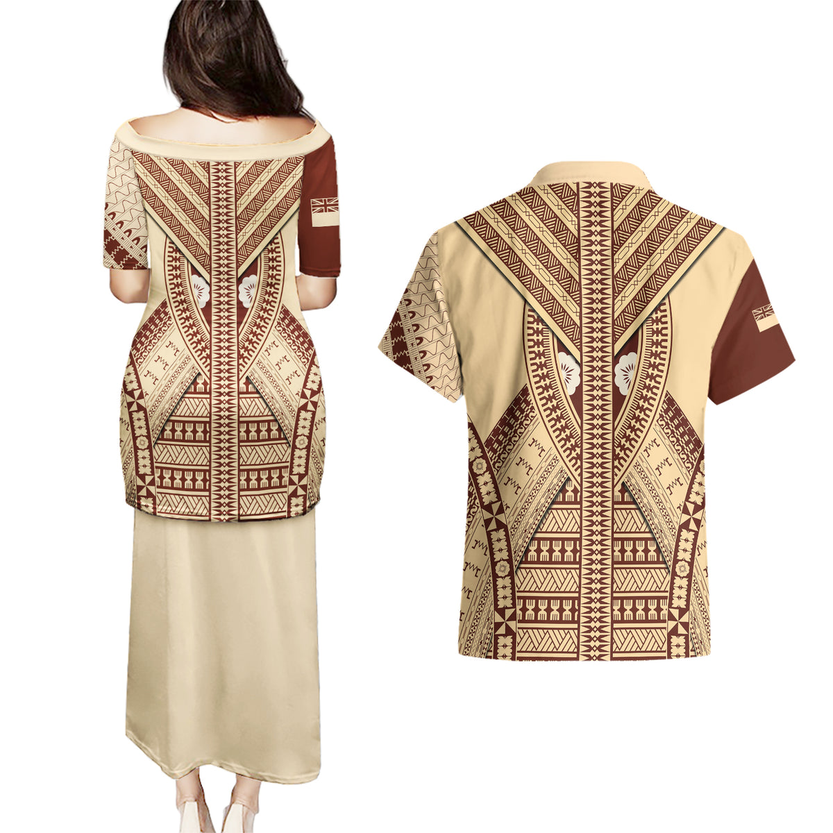 Fiji Bula Couples Matching Puletasi Dress and Hawaiian Shirt Tapa Pattern Design - Wonder Print Shop