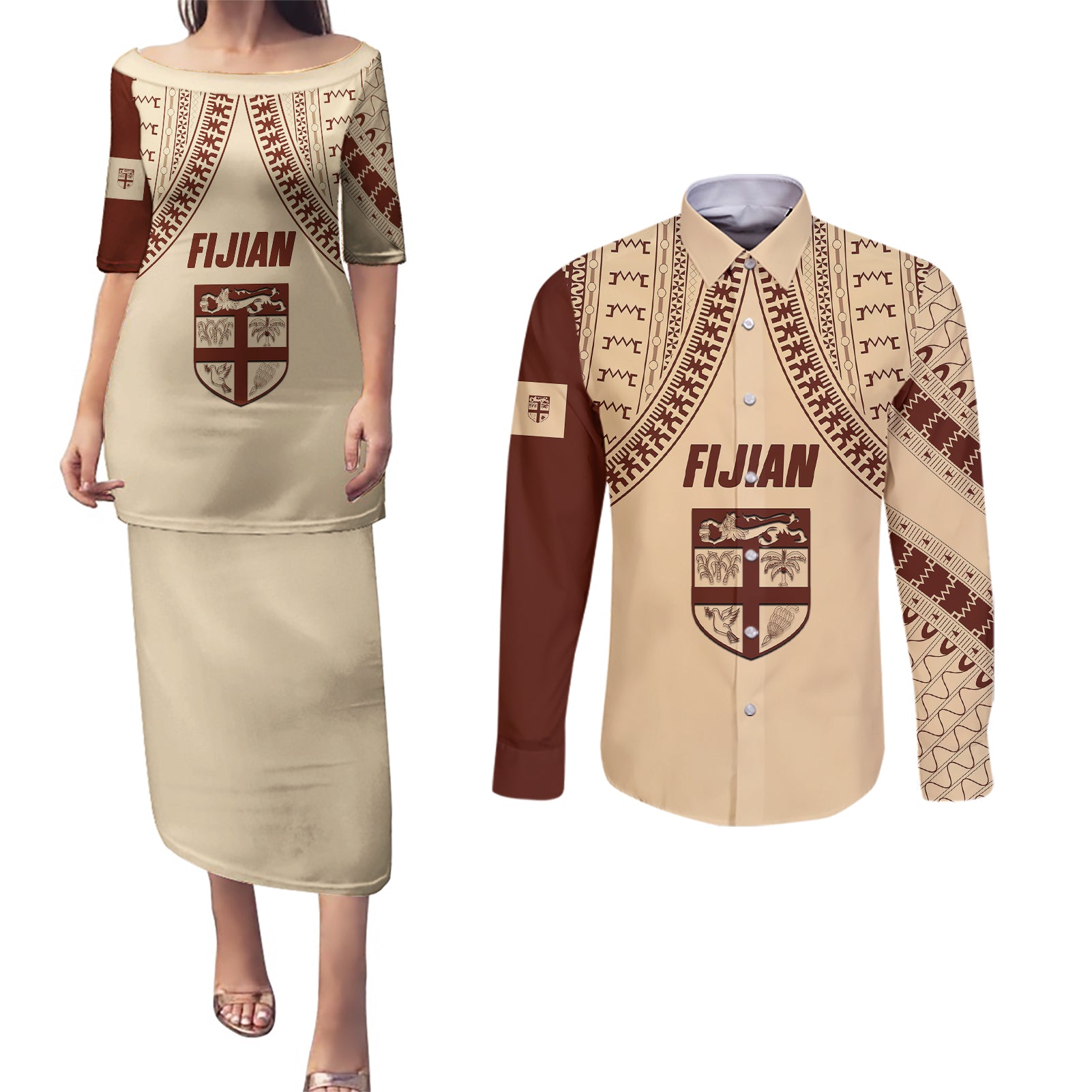 Fiji Bula Couples Matching Puletasi Dress and Long Sleeve Button Shirts Tapa Pattern Design - Wonder Print Shop