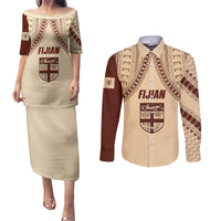 Fiji Bula Couples Matching Puletasi Dress and Long Sleeve Button Shirts Tapa Pattern Design - Wonder Print Shop