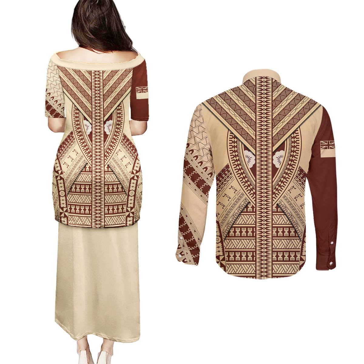 Fiji Bula Couples Matching Puletasi Dress and Long Sleeve Button Shirts Tapa Pattern Design - Wonder Print Shop
