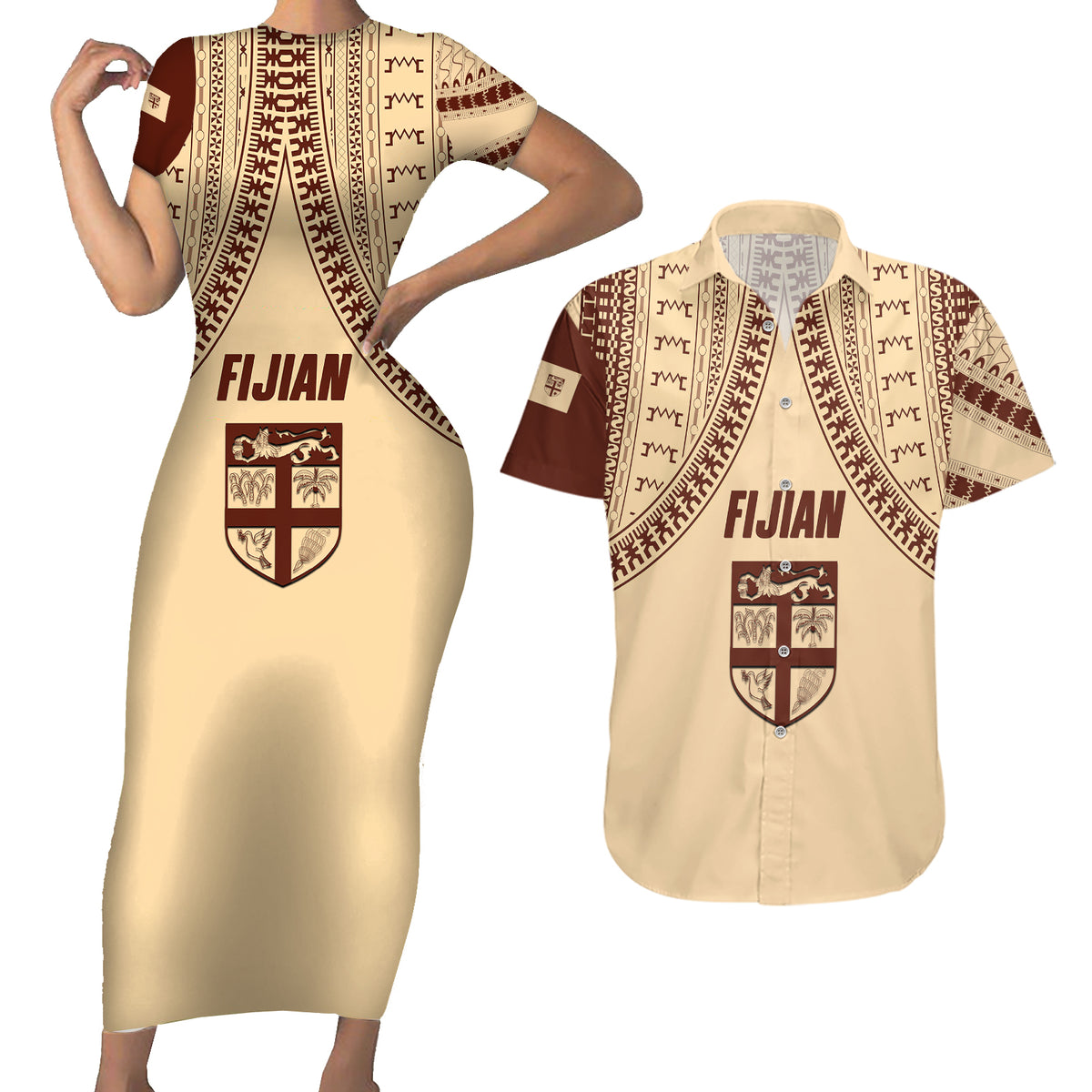 Fiji Bula Couples Matching Short Sleeve Bodycon Dress and Hawaiian Shirt Tapa Pattern Design - Wonder Print Shop