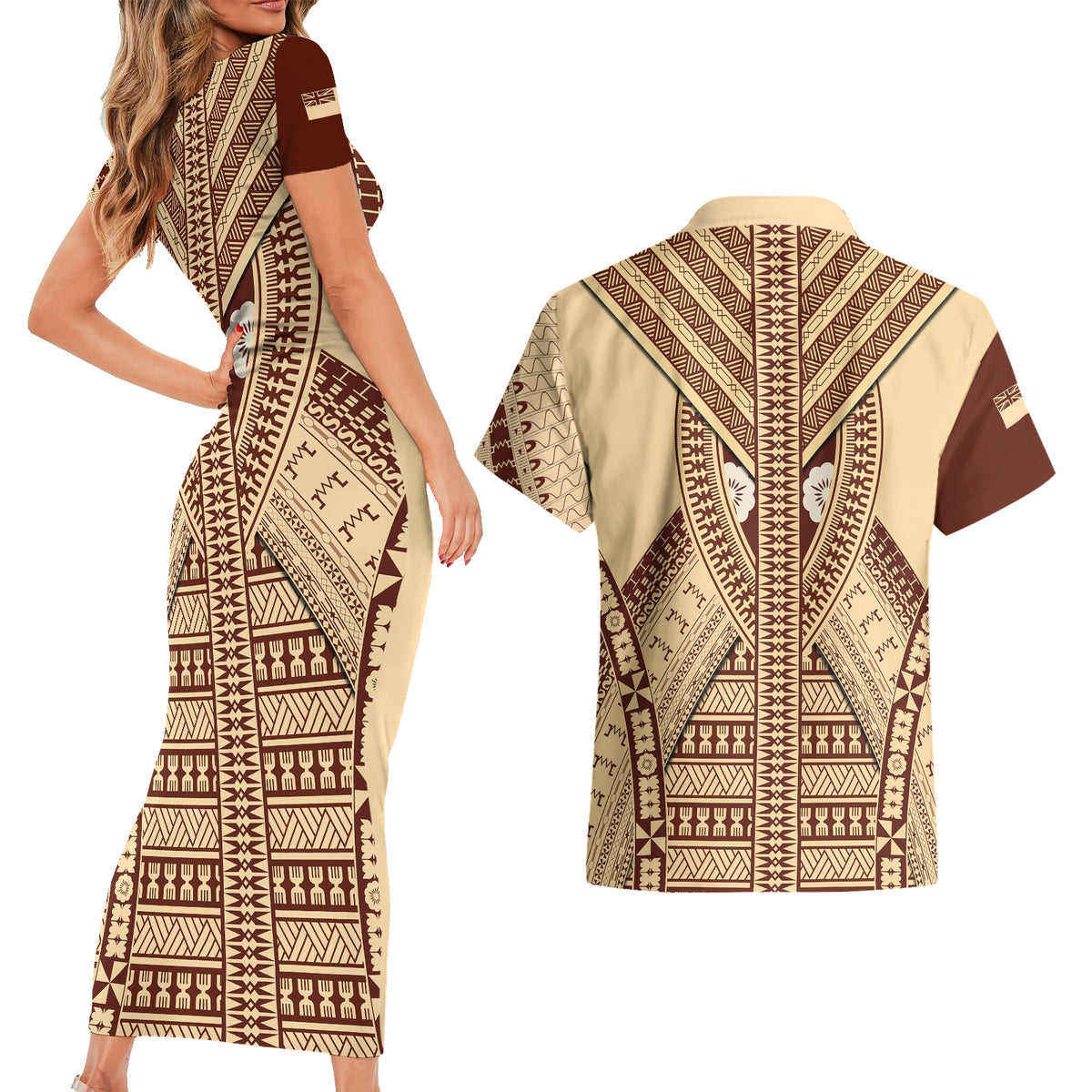Fiji Bula Couples Matching Short Sleeve Bodycon Dress and Hawaiian Shirt Tapa Pattern Design - Wonder Print Shop