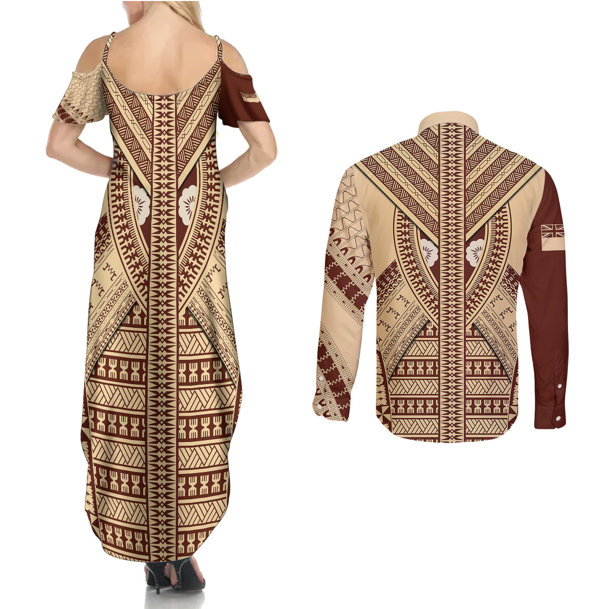 Fiji Bula Couples Matching Summer Maxi Dress and Long Sleeve Button Shirts Tapa Pattern Design - Wonder Print Shop