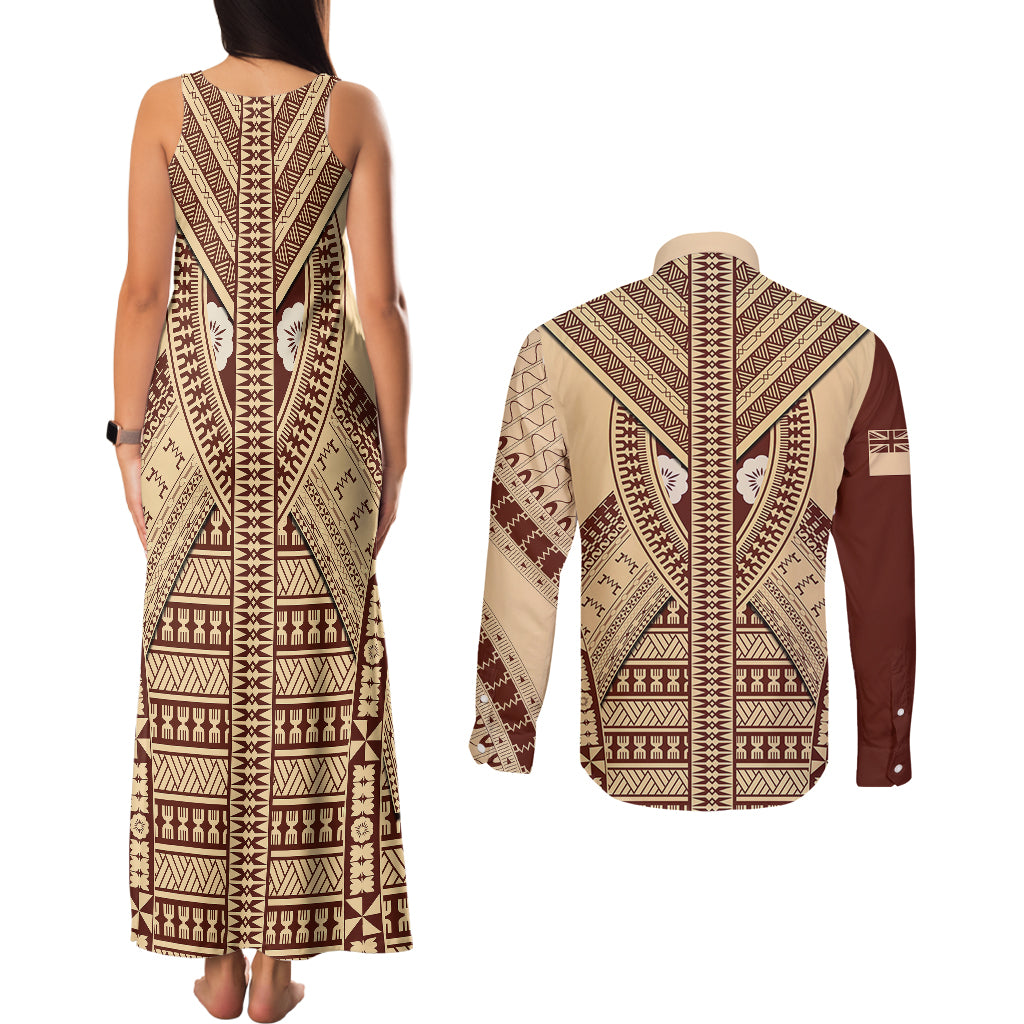 Fiji Bula Couples Matching Tank Maxi Dress and Long Sleeve Button Shirts Tapa Pattern Design - Wonder Print Shop