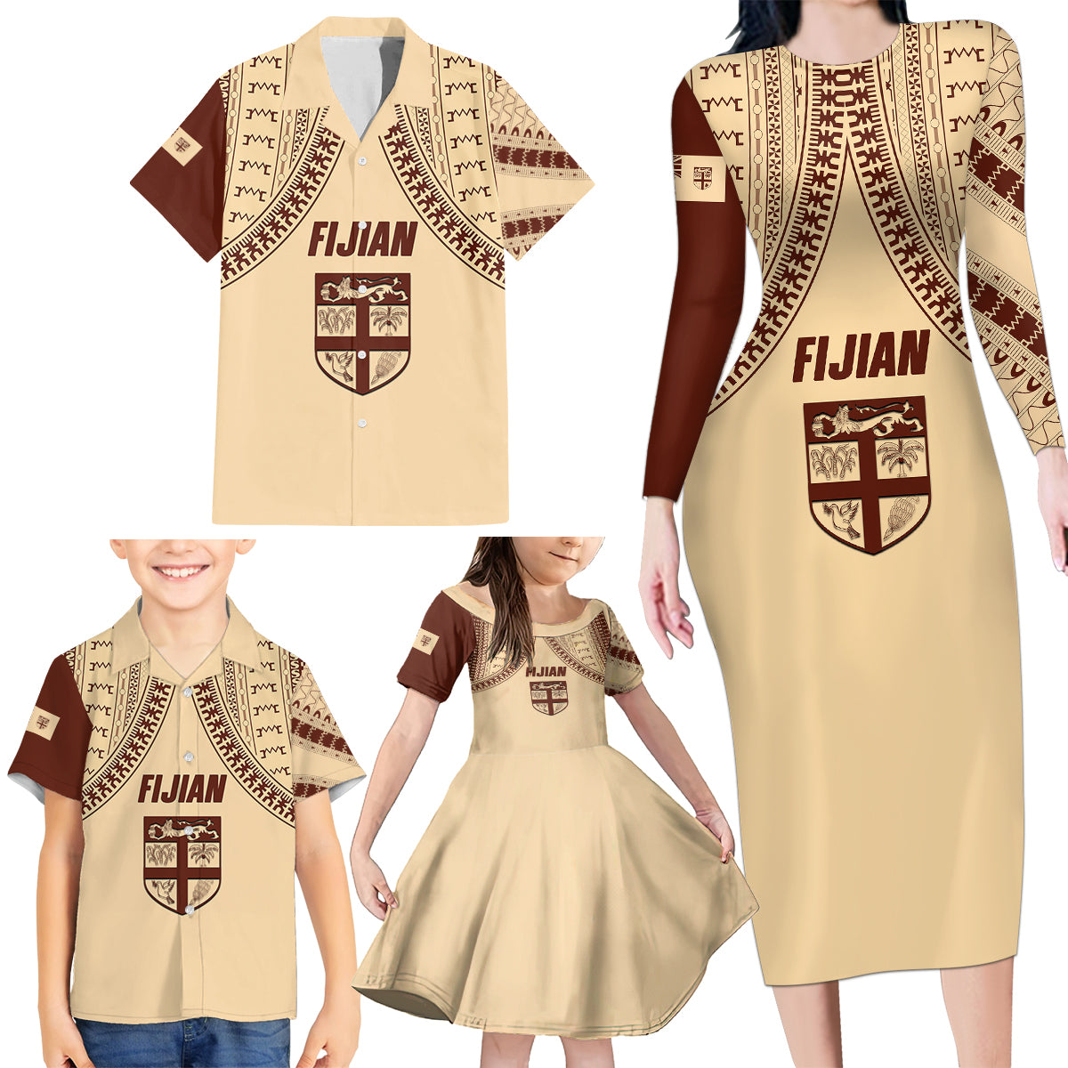 Fiji Bula Family Matching Long Sleeve Bodycon Dress and Hawaiian Shirt Tapa Pattern Design - Wonder Print Shop