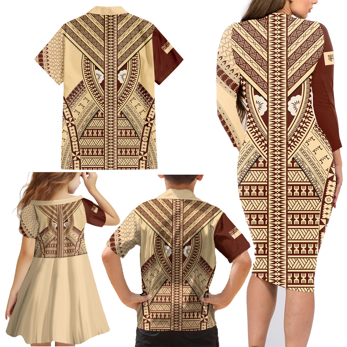 Fiji Bula Family Matching Long Sleeve Bodycon Dress and Hawaiian Shirt Tapa Pattern Design - Wonder Print Shop