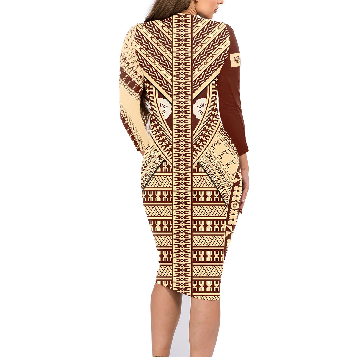 Fiji Bula Family Matching Long Sleeve Bodycon Dress and Hawaiian Shirt Tapa Pattern Design - Wonder Print Shop
