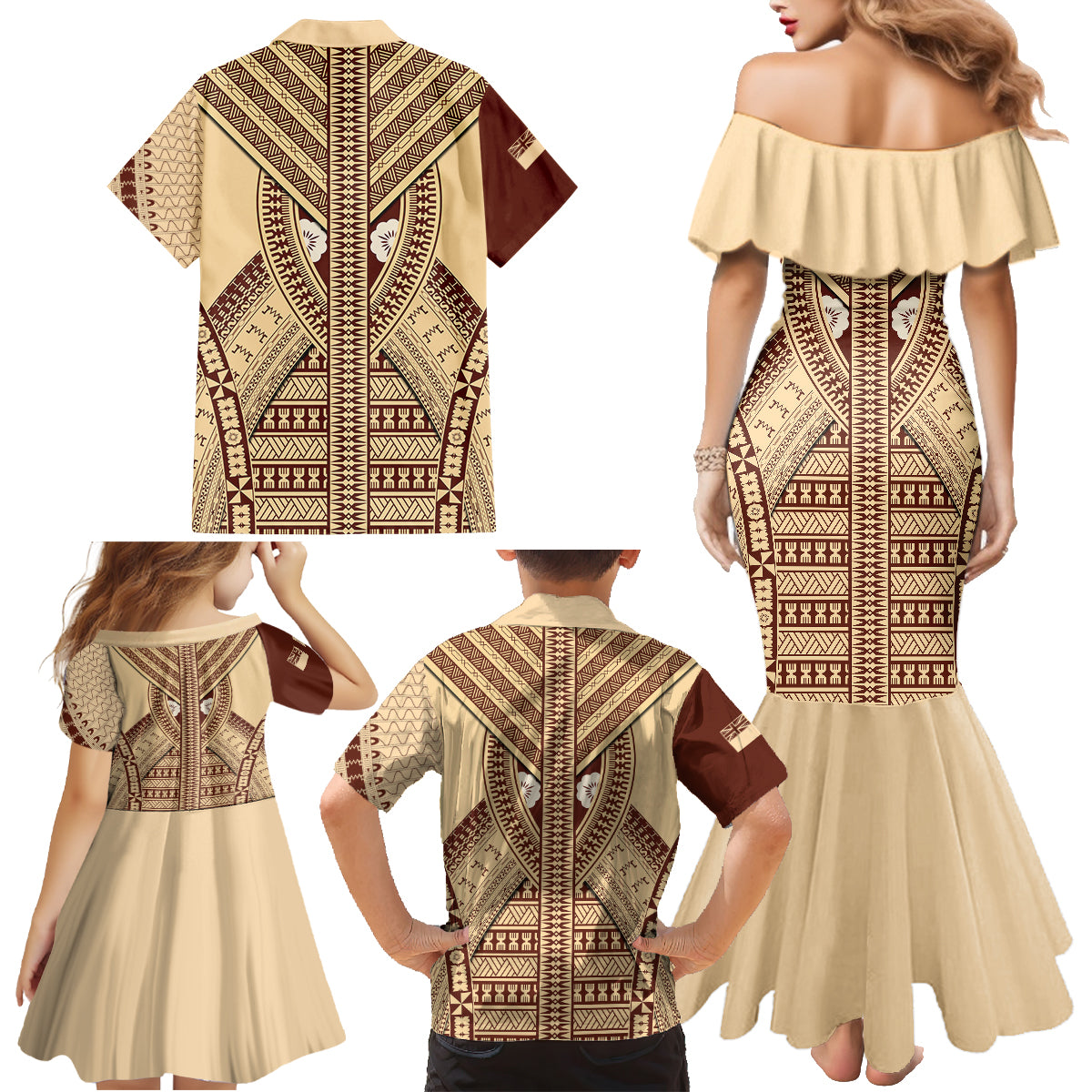 Fiji Bula Family Matching Mermaid Dress and Hawaiian Shirt Tapa Pattern Design - Wonder Print Shop