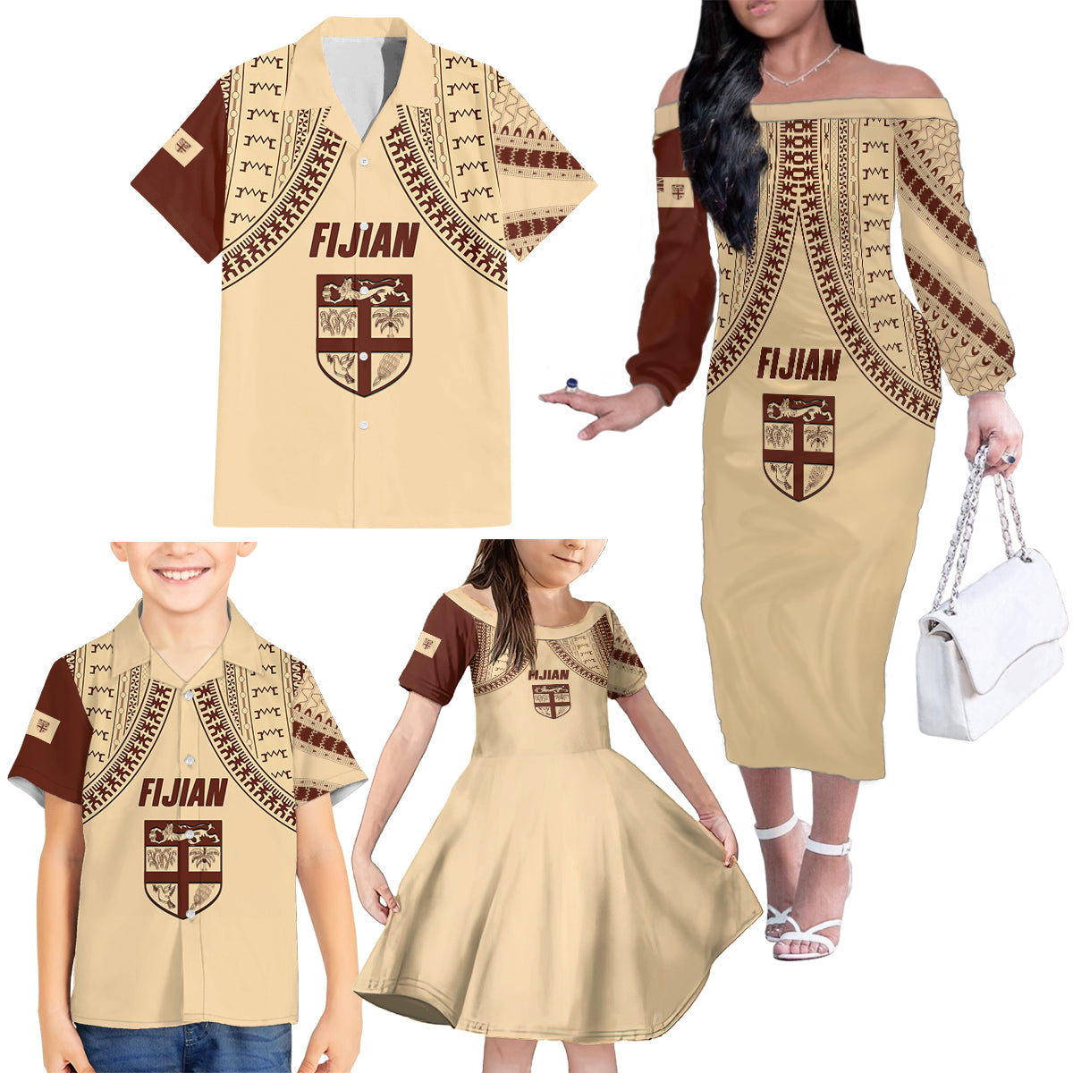 Fiji Bula Family Matching Off Shoulder Long Sleeve Dress and Hawaiian Shirt Tapa Pattern Design - Wonder Print Shop