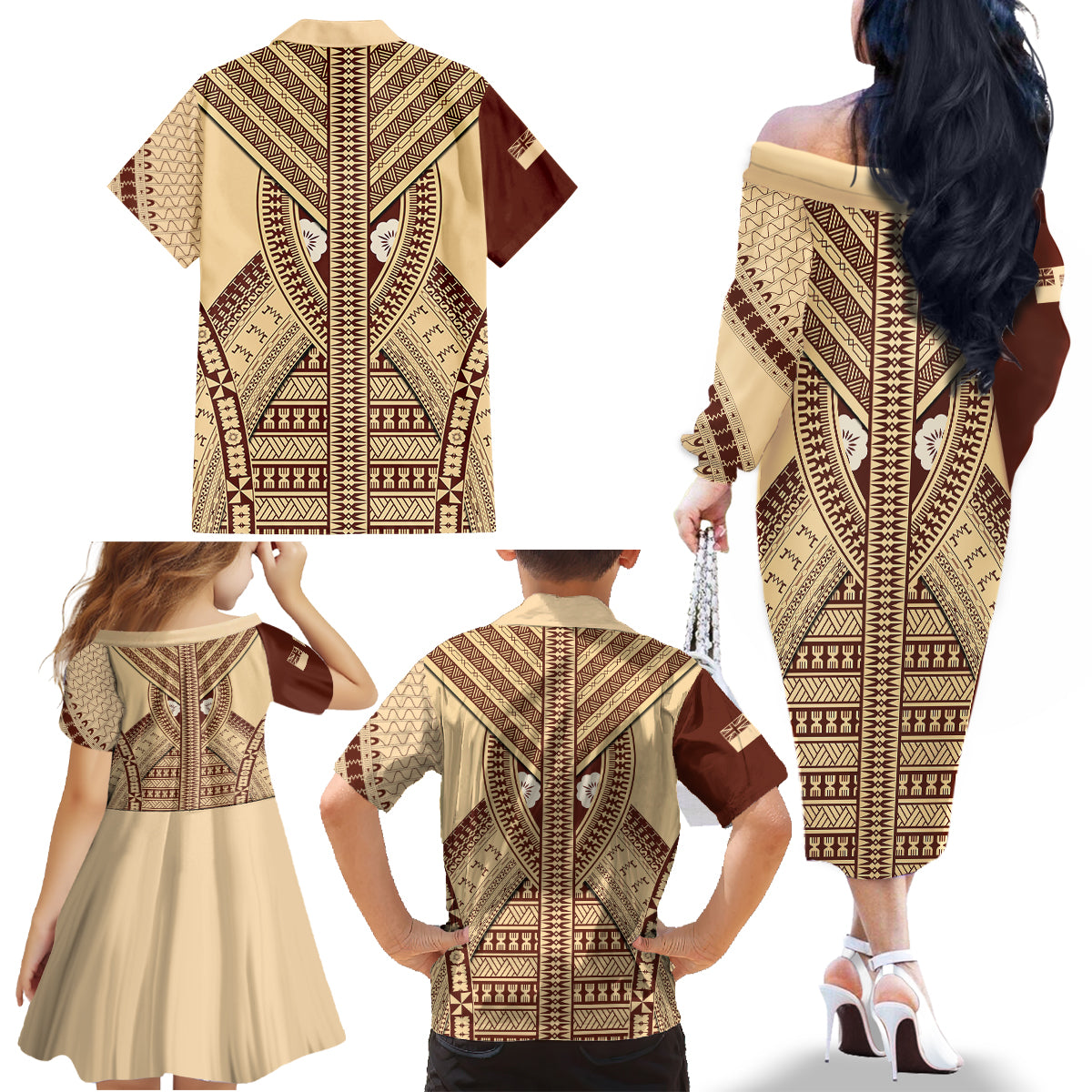 Fiji Bula Family Matching Off Shoulder Long Sleeve Dress and Hawaiian Shirt Tapa Pattern Design - Wonder Print Shop