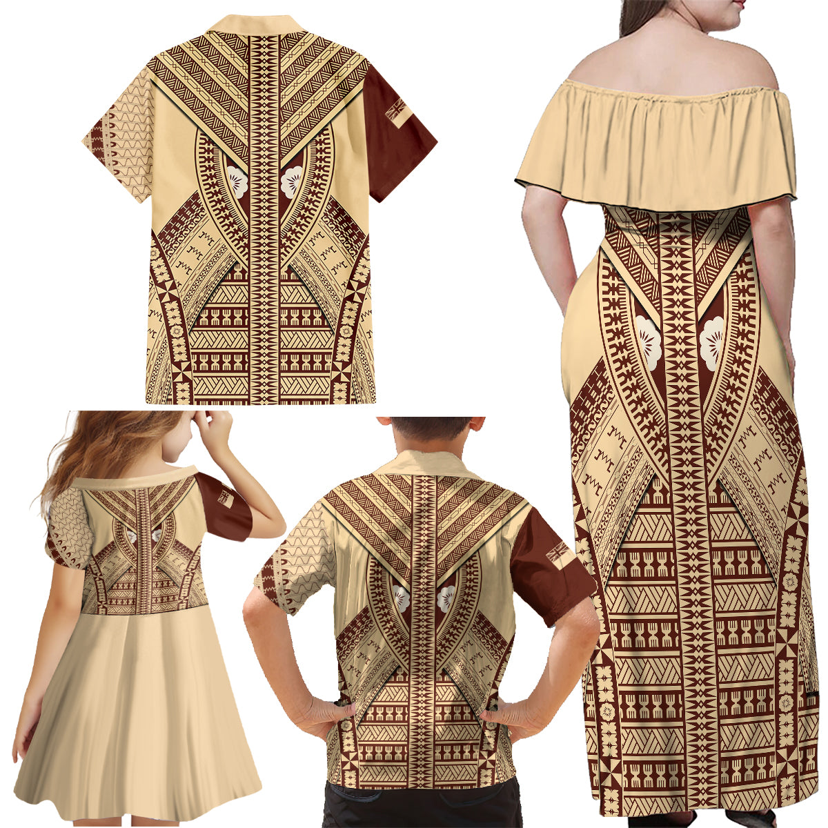 Fiji Bula Family Matching Off Shoulder Maxi Dress and Hawaiian Shirt Tapa Pattern Design - Wonder Print Shop