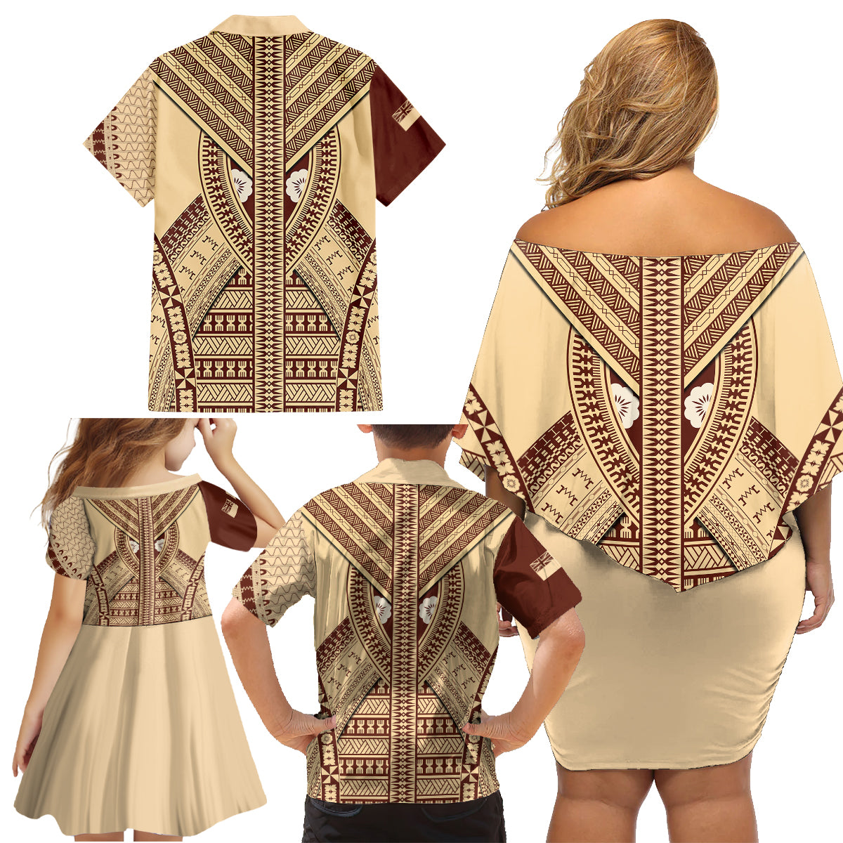 Fiji Bula Family Matching Off Shoulder Short Dress and Hawaiian Shirt Tapa Pattern Design - Wonder Print Shop
