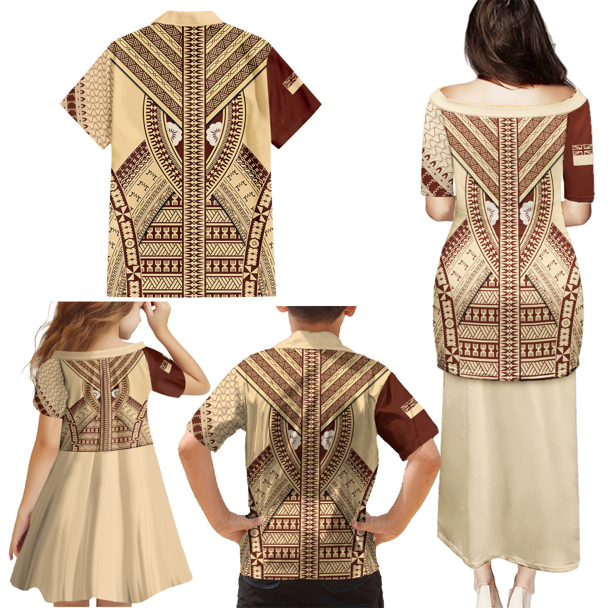 Fiji Bula Family Matching Puletasi Dress and Hawaiian Shirt Tapa Pattern Design - Wonder Print Shop
