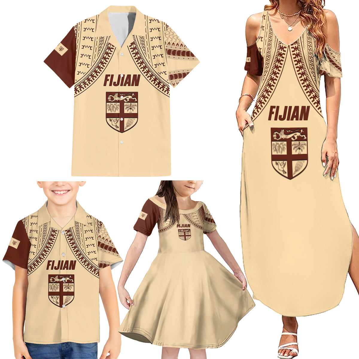 Fiji Bula Family Matching Summer Maxi Dress and Hawaiian Shirt Tapa Pattern Design - Wonder Print Shop