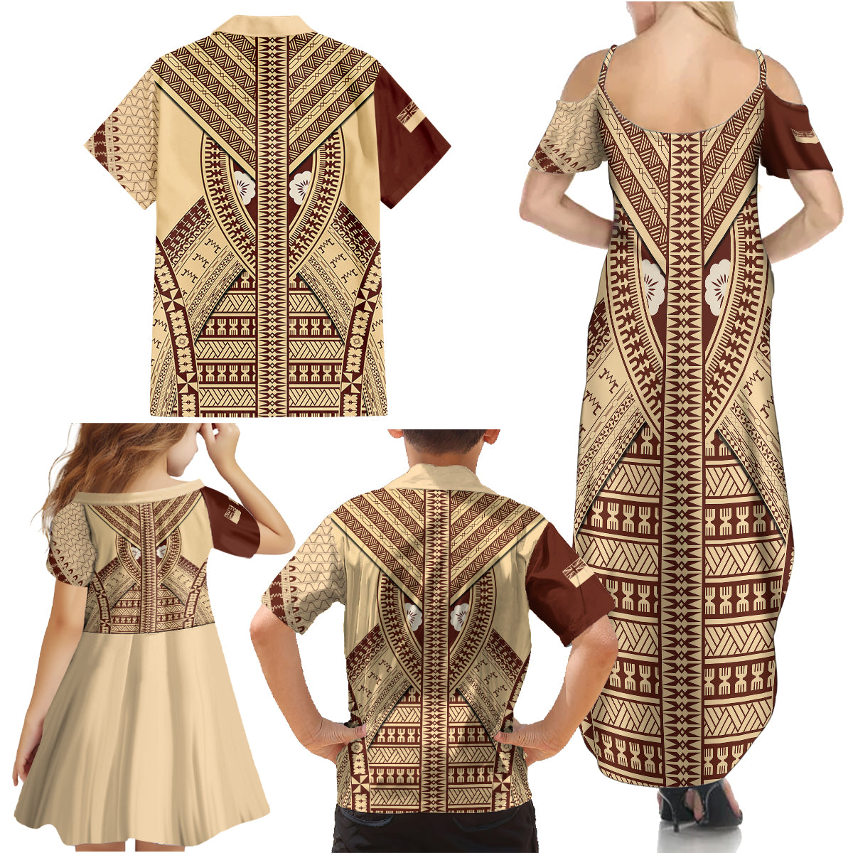 Fiji Bula Family Matching Summer Maxi Dress and Hawaiian Shirt Tapa Pattern Design - Wonder Print Shop