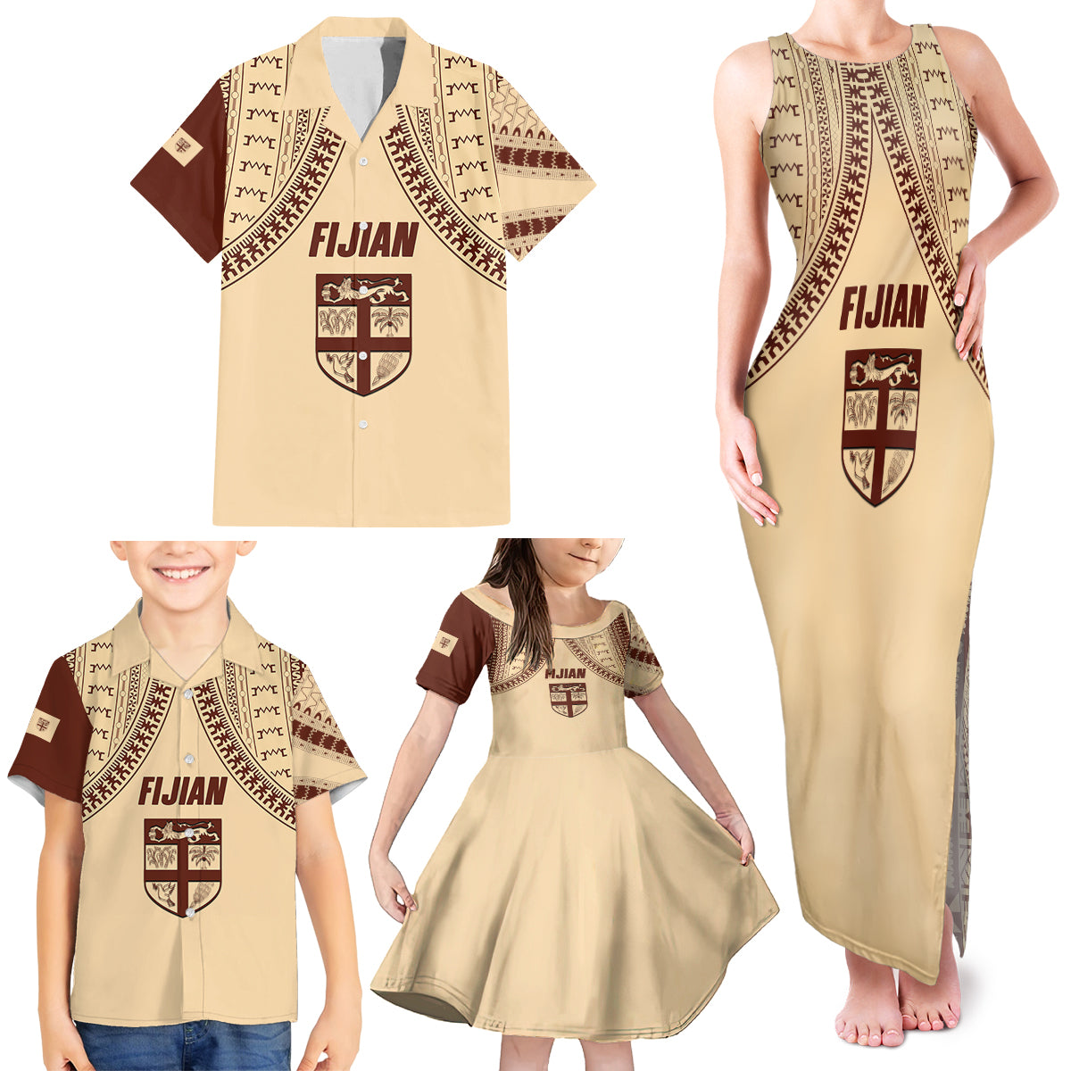 Fiji Bula Family Matching Tank Maxi Dress and Hawaiian Shirt Tapa Pattern Design - Wonder Print Shop