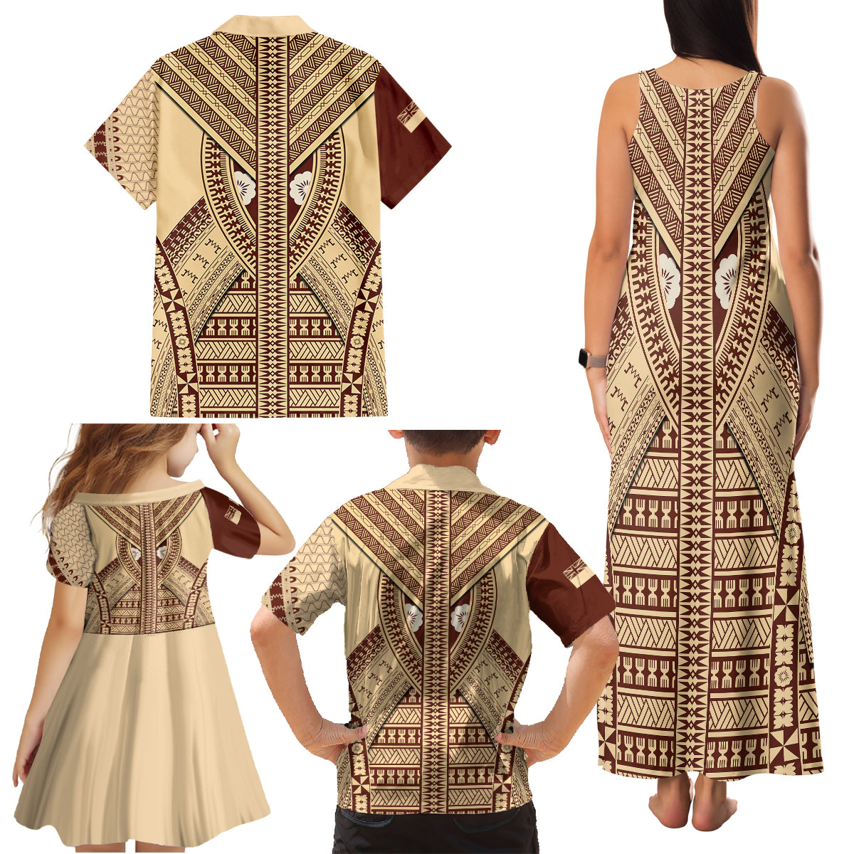 Fiji Bula Family Matching Tank Maxi Dress and Hawaiian Shirt Tapa Pattern Design - Wonder Print Shop