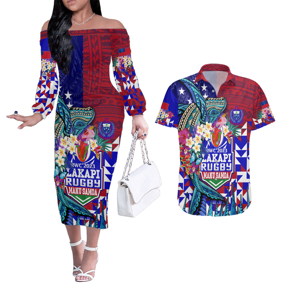 Manu Samoa Rugby 2023 Couples Matching Off The Shoulder Long Sleeve Dress and Hawaiian Shirt Humpback Whale Hexagon Tribal Tropical Style - Wonder Print Shop