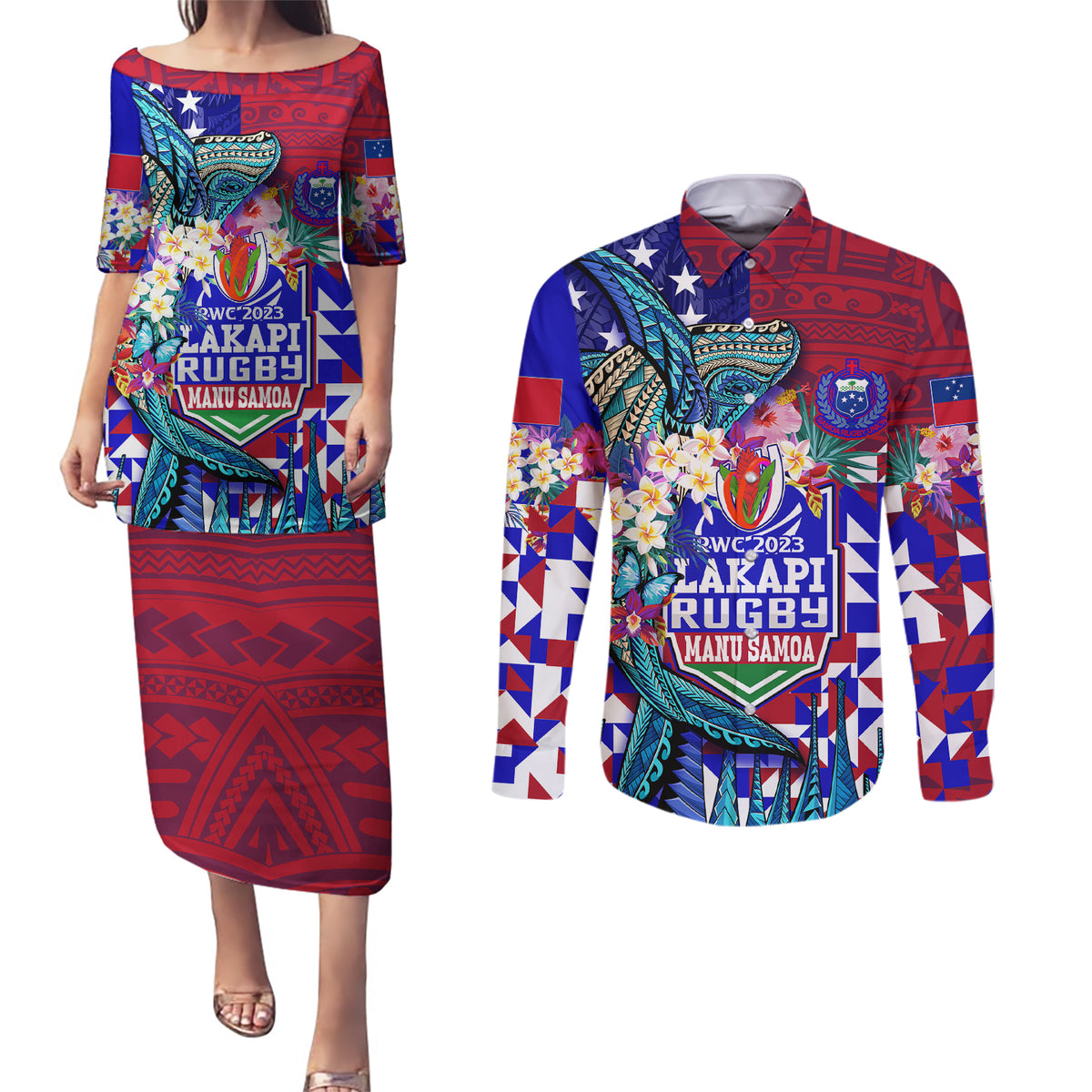 Manu Samoa Rugby 2023 Couples Matching Puletasi Dress and Long Sleeve Button Shirts Humpback Whale Hexagon Tribal Tropical Style - Wonder Print Shop