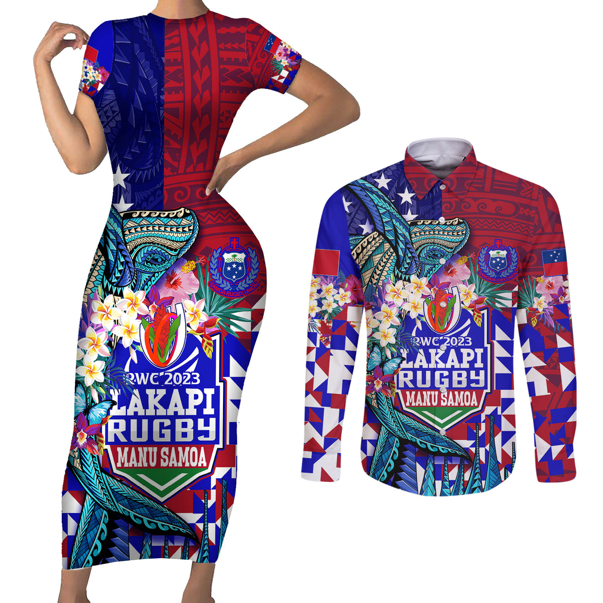 Manu Samoa Rugby 2023 Couples Matching Short Sleeve Bodycon Dress and Long Sleeve Button Shirts Humpback Whale Hexagon Tribal Tropical Style - Wonder Print Shop