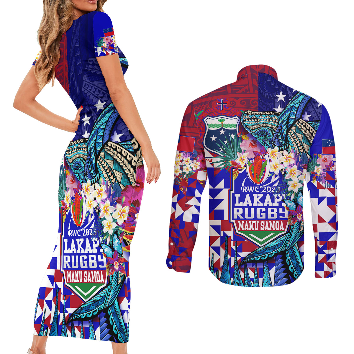 Manu Samoa Rugby 2023 Couples Matching Short Sleeve Bodycon Dress and Long Sleeve Button Shirts Humpback Whale Hexagon Tribal Tropical Style - Wonder Print Shop