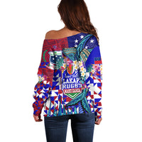 Manu Samoa Rugby 2023 Off Shoulder Sweater Humpback Whale Hexagon Tribal Tropical Style - Wonder Print Shop