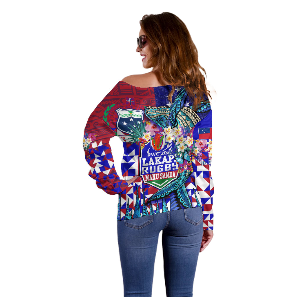 Manu Samoa Rugby 2023 Off Shoulder Sweater Humpback Whale Hexagon Tribal Tropical Style - Wonder Print Shop