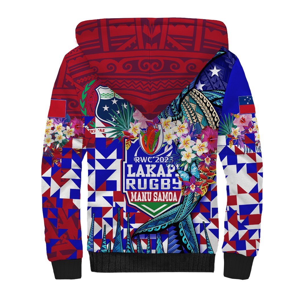 Manu Samoa Rugby 2023 Sherpa Hoodie Humpback Whale Hexagon Tribal Tropical Style - Wonder Print Shop