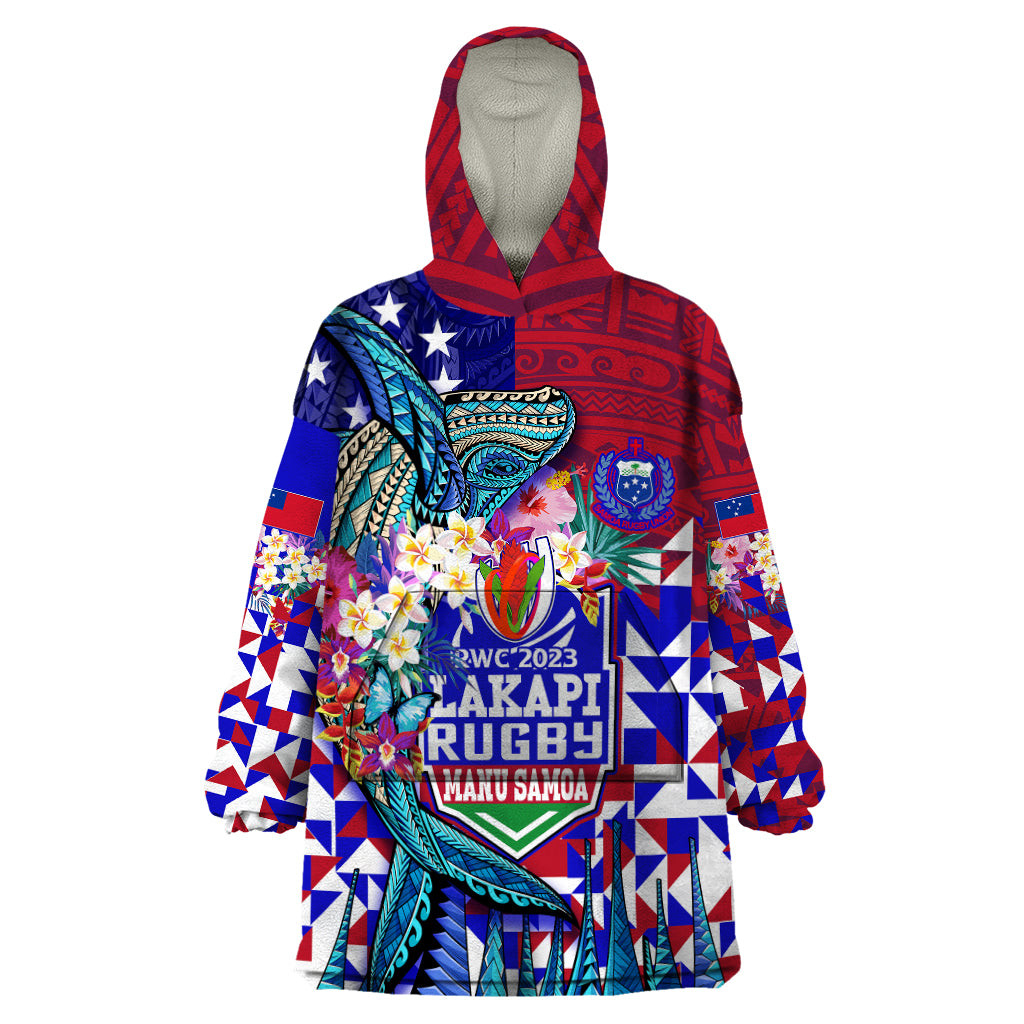 Manu Samoa Rugby 2023 Wearable Blanket Hoodie Humpback Whale Hexagon Tribal Tropical Style - Wonder Print Shop