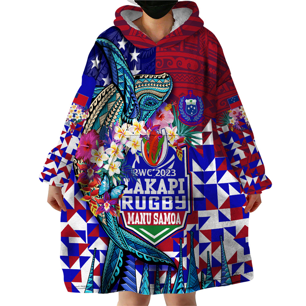 Manu Samoa Rugby 2023 Wearable Blanket Hoodie Humpback Whale Hexagon Tribal Tropical Style - Wonder Print Shop