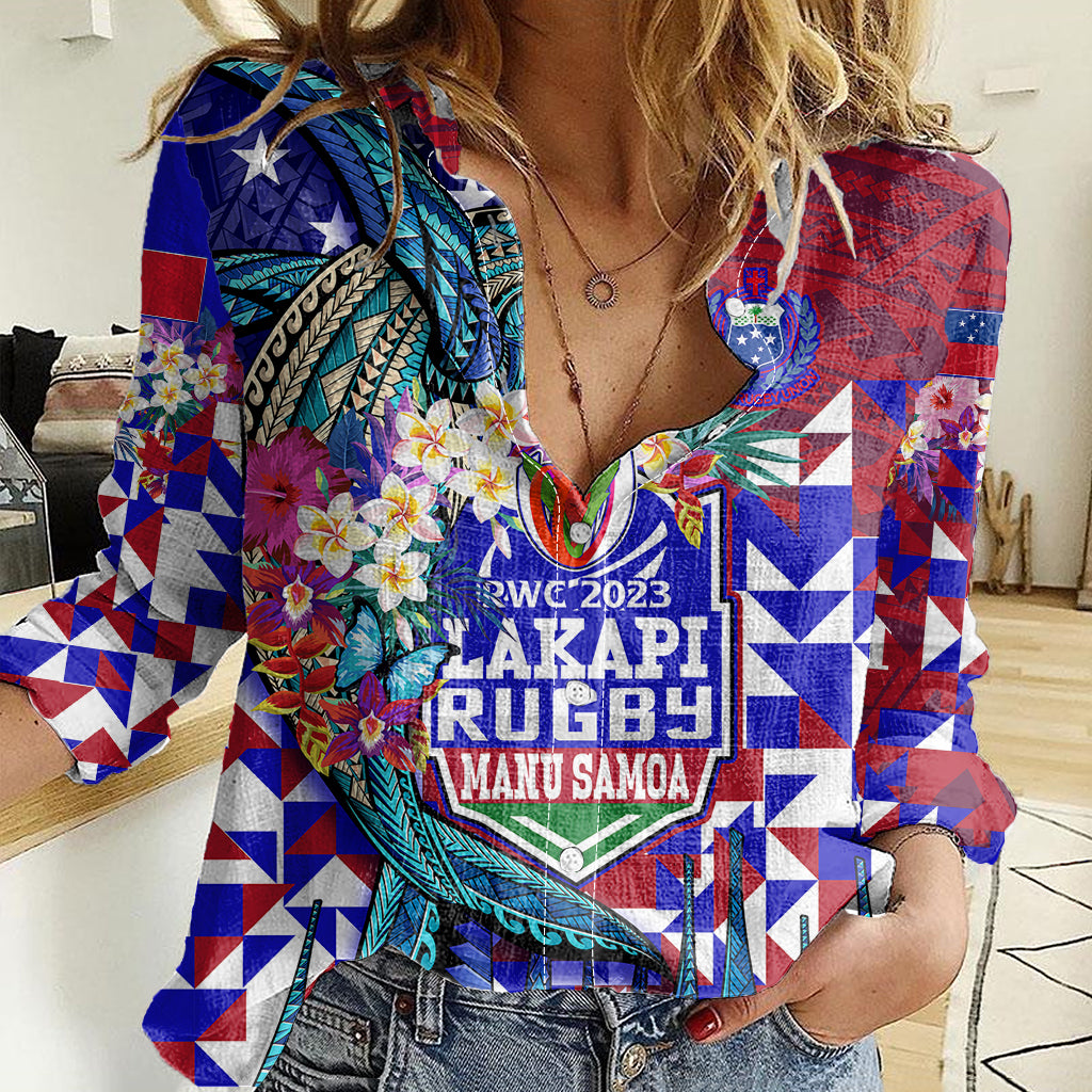 Manu Samoa Rugby 2023 Women Casual Shirt Humpback Whale Hexagon Tribal Tropical Style - Wonder Print Shop