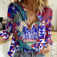 Manu Samoa Rugby 2023 Women Casual Shirt Humpback Whale Hexagon Tribal Tropical Style - Wonder Print Shop